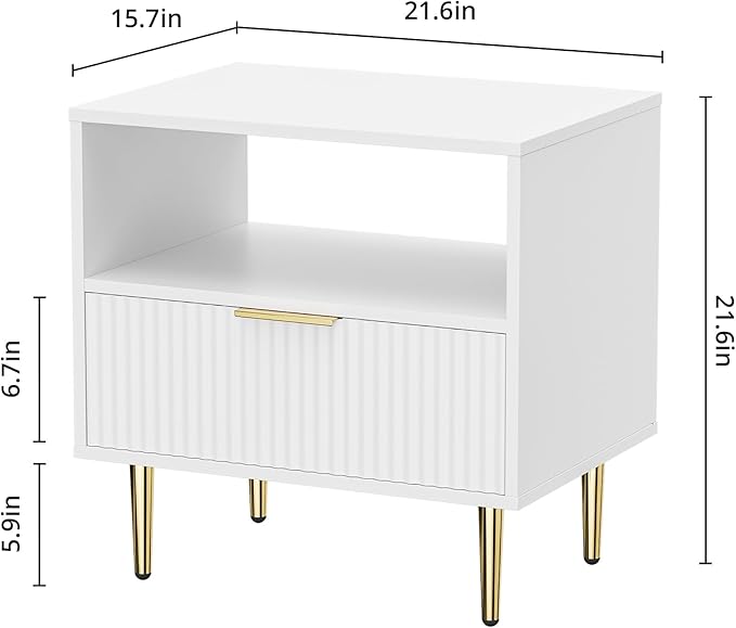 White Nightstand with Drawer, End Table with Storage, Bed Side Table with Open Space for Bedroom, Modern Nightstand with Golden Handle, Side Night Stand for Bedroom, Living Room, White