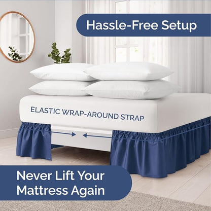 Wrap Around Dust Ruffle Bed Skirt - Navy Blue - for Full Size Beds w/ 16 Inch Drop - Easy Fit Elastic Strap - Adjustable Pleated Bedskirt with Brushed Fabric, Wrinkle Free Women, Men, Kids and Teens
