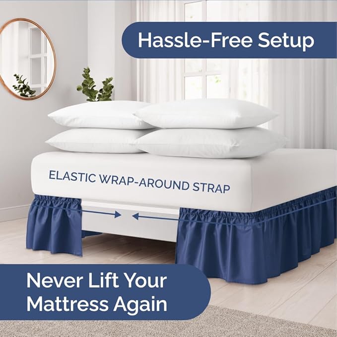 Wrap Around Dust Ruffle Bed Skirt - Navy Blue - for Full Size Beds w/ 14 Inch Drop - Easy Fit Elastic Strap - Adjustable Pleated Bedskirt with Brushed Fabric, Wrinkle Free Women, Men, Kids and Teens
