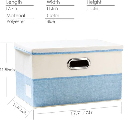 PRANDOM Large Foldable Storage Boxes with Lids [3-Pack] Fabric Collapsible Storage Bins Organizer Containers Baskets Cube with Cover for Home Bedroom Closet Office Nursery Blue&Cream(17.7x11.8x11.8)