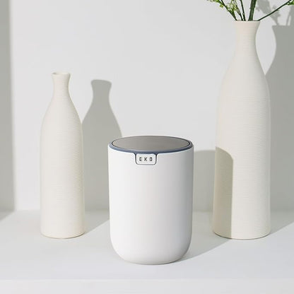 EKO Mini Desk Trash Can with Swing-Top Lid 0.4 Gallon Small Table Round Wastebasket for Office, Home, Car (White)