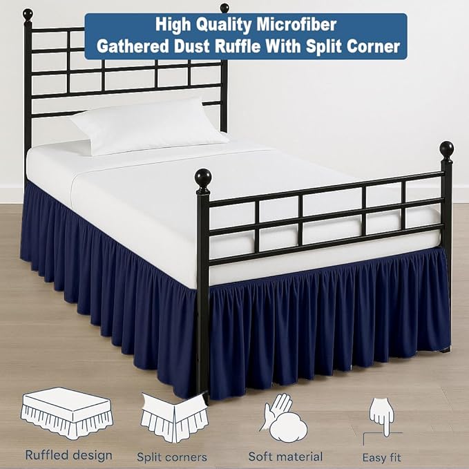 Ruffled Bed Skirt Split Corners with Platform, Tailored Fit Hotel Quality Wrinkle Free Ultra-Soft Microfiber Dust Ruffle, Upto 28 Inch Drop, Full, Navy Blue