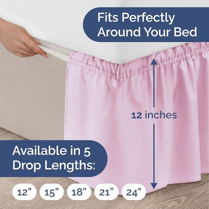Wrap Around Dust Ruffle Bed Skirt - Light Pink - for Full Size Beds with 12 Inch Drop - Elastic Strap - Adjustable Pleated Bedskirt with Brushed Fabric and Wrinkle Free - for Women, Men, Kids & Teens