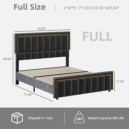 BarnFurin Full Size Bed Frame with 50" Tall Headboard and Footboard, Chenille Upholstered Platform Bed, Vertical Channel Tufting with Nailhead Trim, No Box Spring Needed, Easy Assembly, Black