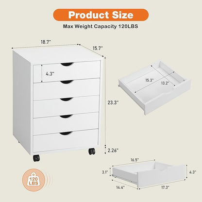 5 Drawer Chest, Storage Cabinet Dressers with Wheels, Dressers Storage Cabinets, Dresser Mobile Cabinet with Wheels, Room Organizer, Drawers Wood Organization Furniture for Office, Home, White