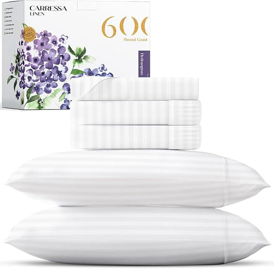 Carressa Linen Striped Split King Sheets Sets for Adjustable Bed - 100% Egyptian Cotton 600 Thread Count 5 PC Top Split King Sheet (White), 16" Deep Pocket Soft Cooling Luxury Hotel Damask Sheets