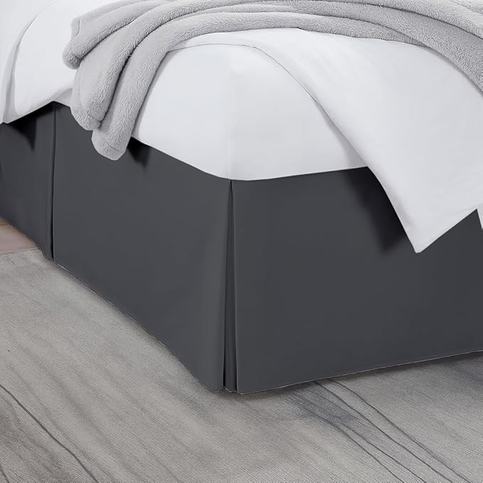 King Bed Skirt, Luxury 16 Inch Drop Dark Grey Pleated Bed Skirt, Double Brushed Microfiber, Box Pleat Design, Wrinkle & Fade Resistant, Easy Fit Tailored Bedskirt for King Size Beds