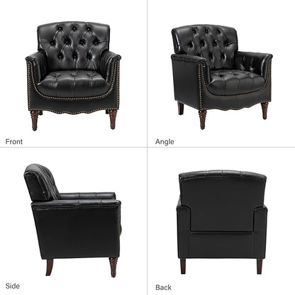 HULALA HOME Mid Century Modern Leather Club Chairs Set of 2, Top-Grain Genuine Leather Armchairs with Button-Tufted Back & Solid Wood Legs, Accent Chairs for Living Room/Bedroom/Home Office, Black