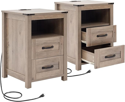 Puntogen Sierra Night Stand Set of 2, Rustic End Table with Charging Station, Farmhouse Tall Nightstand for Bedroom, Drawer Dresser Bedside Table with Open Storage Shelf