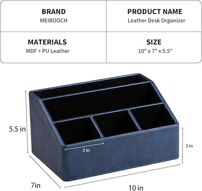 MEIBOOCH PU Leather Desk Organizer, Luxury Remote Control Holder for Home, Office Desk Accessories Table Caddy Bedside Nightstand Organizer (Dark Blue)