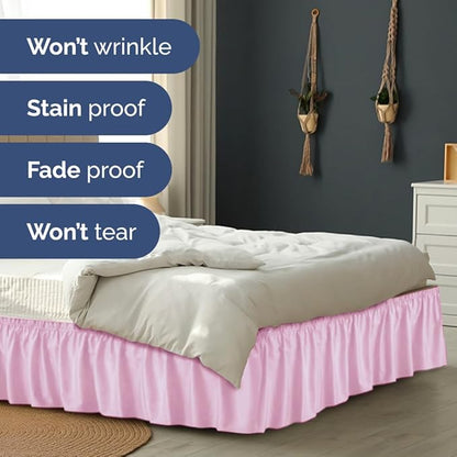 Wrap Around Dust Ruffle Bed Skirt - Light Pink - for Full Size Beds with 12 Inch Drop - Elastic Strap - Adjustable Pleated Bedskirt with Brushed Fabric and Wrinkle Free - for Women, Men, Kids & Teens
