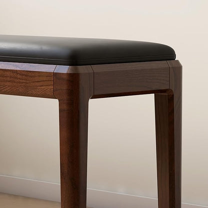 55.1'' Leather Upholstered Dining Bench with 100% Solid Oak Wood Bench Frame, 13.8'' Widened Padded Bed End Bench Ottoman for Kitchen Living Room Bedroom Entryway, Black