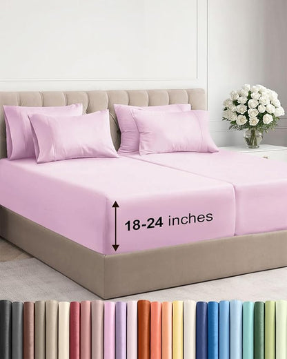 Extra Deep Split King Sheet Set - 7 Piece Breathable & Cooling Sheets - Hotel Luxury Bed Sheets Set - Easy Fit - Soft, Wrinkle Free & Comfy Sheets Set - Light Pink Sheet Set with Extra Deep Pockets