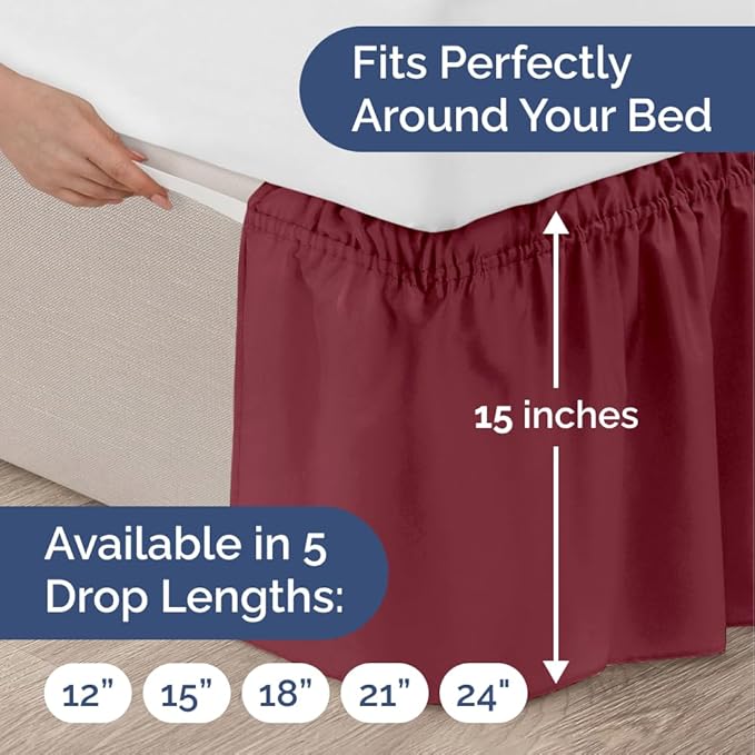 Wrap Around Dust Ruffle Bed Skirt - Burgundy - for Full Size Beds with 15 Inch Drop - Easy Fit Elastic Strap - Adjustable Pleated Bedskirt w/Brushed Fabric Wrinkle Free - for Women, Men, Kids & Teens