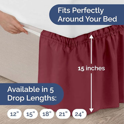 Wrap Around Dust Ruffle Bed Skirt - Burgundy - for Full Size Beds with 15 Inch Drop - Easy Fit Elastic Strap - Adjustable Pleated Bedskirt w/Brushed Fabric Wrinkle Free - for Women, Men, Kids & Teens