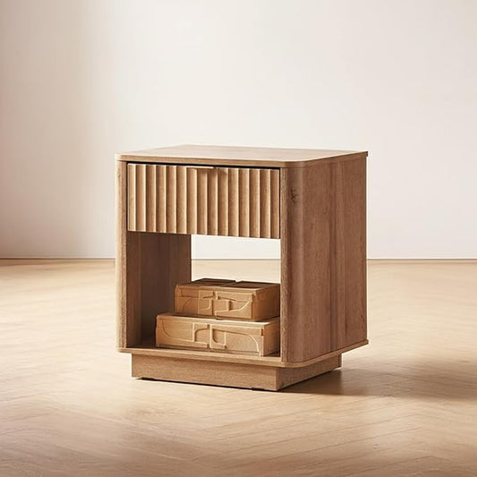 mopio Brooklyn Fluted Nightstand, Modern Farmhouse Nightstand, Small Side, Wood Bedside Table with Drawer, End Table with Storage, Fluted Night Stand, Curved Profile (Golden Oak, Single)