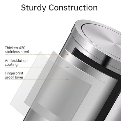 Mbillion Small Trash Can with Swing Lid 4 Gallons/15 Liter, Mini Trash Can with lid, Stainless Steel Cylindrical Garbage Can for Home and Office, for Ground and Desktop(Brushed Silver)