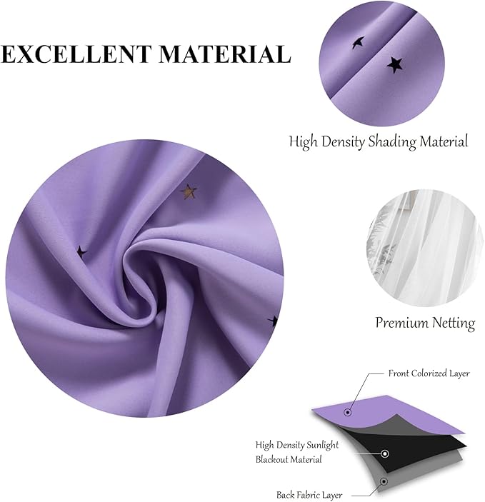 Star Double Layer Blackout Curtains for Bedroom - Kids & Cute, 108 Inches Long, 2 Panels Set, Purple, 42 X 108 Inches