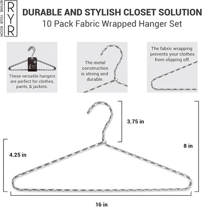 Clothes Hangers 10 Pack – Space Saving Fabric & Metal Hangers, Non-Slip Pant & Coat Hangers, Room Essentials, Closet, Durable Wardrobe Storage for Shirts, Suits & Pants – Grey/White