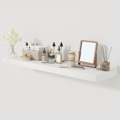 Fun Memories Farmhouse Floating Shelves for Wall, 48 x 9.3 Large Floating Shelf Wall Mounted, Rustic Wood Shelves for Bathroom, Kitchen, Living, Heavy-Duty Storage Deep Shelf for Books, Decor, White