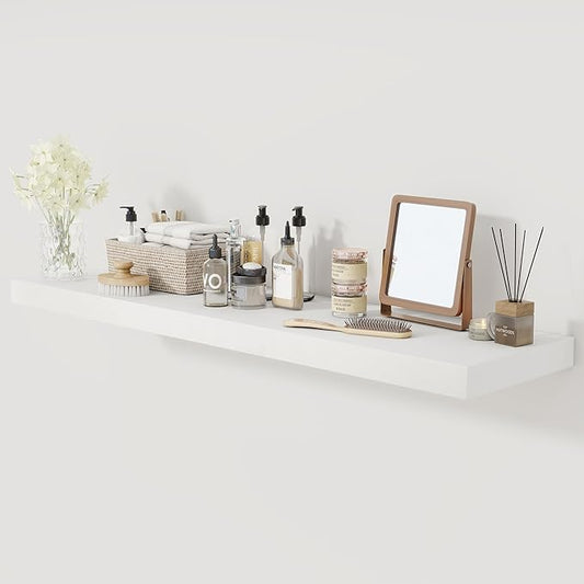 Fun Memories Farmhouse Floating Shelves for Wall, 48 x 9.3 Large Floating Shelf Wall Mounted, Rustic Wood Shelves for Bathroom, Kitchen, Living, Heavy-Duty Storage Deep Shelf for Books, Decor, White