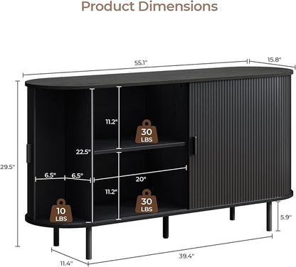 Buffet Cabinet with Storage, Fluted Sideboard Buffet with Sliding Door, Coffee Bar Cabinet with Adjustable Shelf, Console Table, Accent Table for Entryway, Kitchen (Black, 55 Inch)