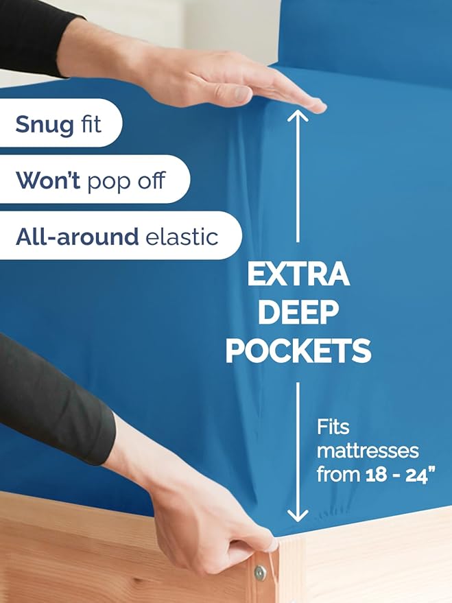 Extra Deep Split King Sheet Set - 7 Piece Breathable & Cooling Sheets - Hotel Luxury Bed Sheets Set - Easy Fit - Soft, Wrinkle Free & Comfy Sheets Set - Denim Blue Sheet Set with Extra Deep Pockets