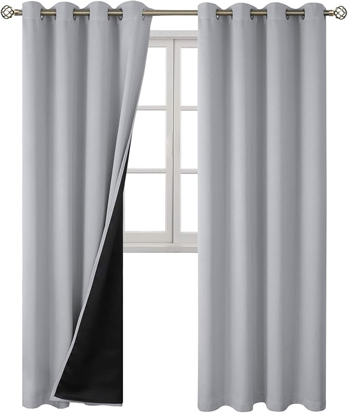 BGment 100% Blackout Curtains 108 Inch Long 2 Panles Set, Thermal Insulated Total Light Locking Soundproof Grommet Curtains & Drapes for Living Room with Black Liner, 52 Inch Wide Each, Light Grey