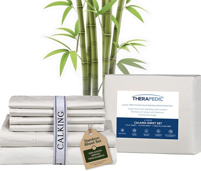 Therapedic 1000TC California King 6-Piece Sheet Set - 100% Organic Rayon Derived from Bamboo Blend with Cooling Fiber, Ideal for Hot Sleepers - 16" Deep Pocket Fitted Sheet, Bonus Pillowcases - Ivory