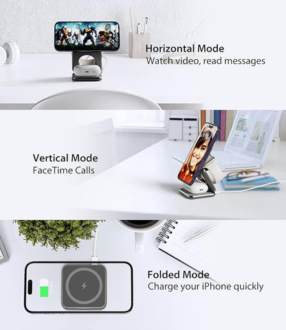 Foldable Magnetic Wireless Charger, KU XIU X40 Aluminum Alloy 3 in 1 Charging Station for Apple, Fast Magnetic Charger Stand for iPhone 17 16 15 14 13 12 Series, 5W for iWatch, AirPods 3/2/Pro, Gray