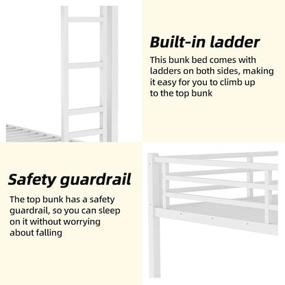 Queen Over Queen Bunk Bed Frame, Heavy Duty Metal Loft Bed for Adults/Teens, 400/600LB Capacity w/Ladder & Guardrail, Noise-Free Steel Slats, No Box Spring Required, White