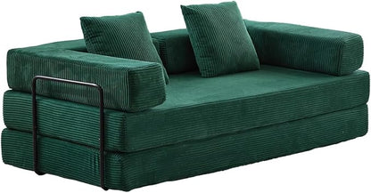 4-in-1 Convertible Folding Sleeper Sofa Bed, Fold Out Floor Sofa Couch with Fixed-Shape Frame, Cloud Corduroy Foldable Mattress Couch for Living Room Bedroom (78.5" Corduroy, Dark Green)