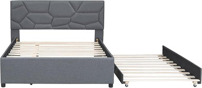 Full Size Bed Frame with Twin Size Trundle,Linen Upholstered Platform Bed Frame Full with Brick Pattern Headboard,Wood Slat Support Included,No Box Spring Needed,Easy Assembly,Gray