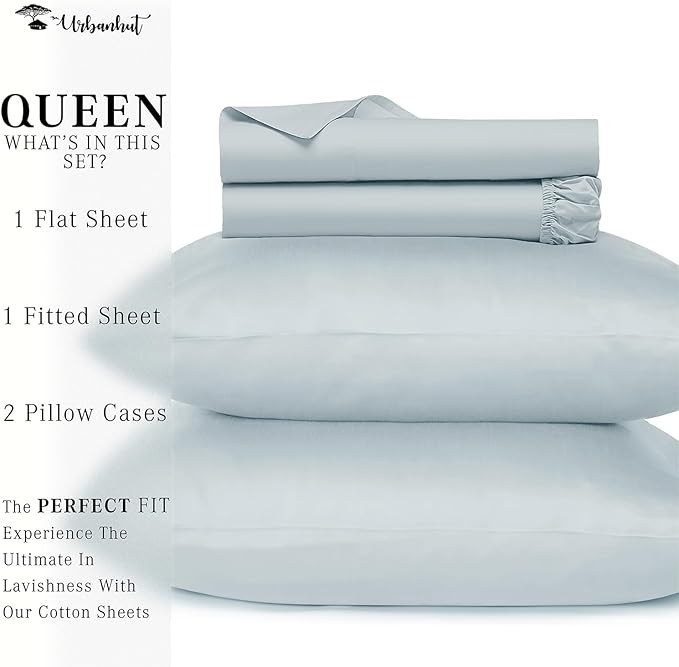 URBANHUT 800 Thread Count 100% Cotton Queen Size Sheets, Luxury 4 Piece Queen Bedsheets, Hotel Sheets Sateen Finish - Better Than Egyptian, 16" Elasticized Deep Pocket - Light Blue