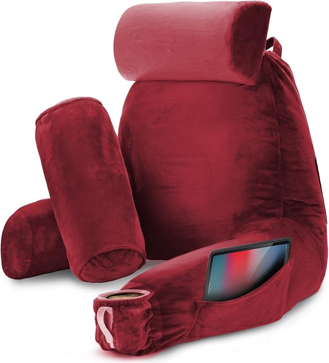 Nestl Reading Pillow with Shredded Memory Foam Includes 2 Neck and Lumber Support Pillows, Designed for Sitting Up in Bed and Couch, Back and Arms Adjustable Support for Adult & Teens, Red