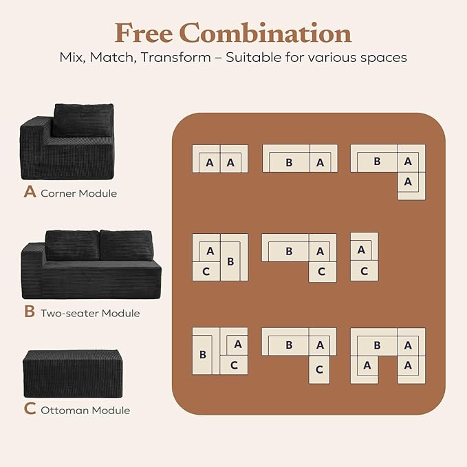 Loveseat Sofa, Cloud Modular Sofa Couch, Upholstered Floor Sofa with Deep Seat, Upholstered Foam Couch for Bedroom Living Room, No Assembly Required (Plush Corduroy Fabric, Black)
