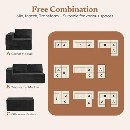 Loveseat Sofa, Cloud Modular Sofa Couch, Upholstered Floor Sofa with Deep Seat, Upholstered Foam Couch for Bedroom Living Room, No Assembly Required (Plush Corduroy Fabric, Black)