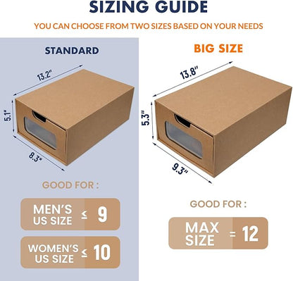 Shoe Boxes Cardboard, 12 Pack, Big Size, Waterproof, Heavy Duty, Stackable Shoe Storage Boxes, with Marking Labels, Transparent Window, 13.8" L x 9.3" W x 5.3" H