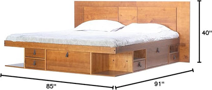memomad Bali Slim Set: Storage Platform Bed with Drawers + Flat Panel Headboard (King Size, Oak Brown Wood)