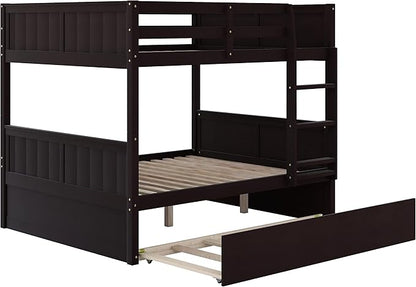 STERXONE Best Thicken Solid Wood Full Over Bunk Bed with Trundle, Luxurious Frame Size Safety Guard Rail and Ladder, Convertible to 2 Beds for Adults, Teens, Kids (Espresso)