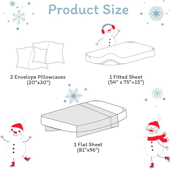 JSD Snowman Kids Sheet Set Full Size, 4 Piece Blue Snowflakes Christmas Printed Microfiber Sheets Deep Pocket