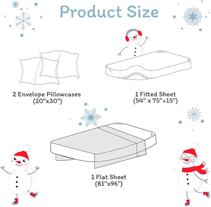 JSD Snowman Kids Sheet Set Full Size, 4 Piece Blue Snowflakes Christmas Printed Microfiber Sheets Deep Pocket