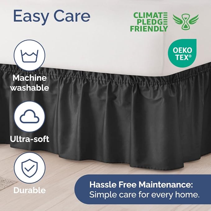 Wrap Around Dust Ruffle Bed Skirt - Black - for Queen Size Beds w/ 16 Inch Drop - Easy Fit Elastic Strap - Adjustable Pleated Bedskirt w/Brushed Fabric, Wrinkle & Fade Free Women, Men, Kids & Teens