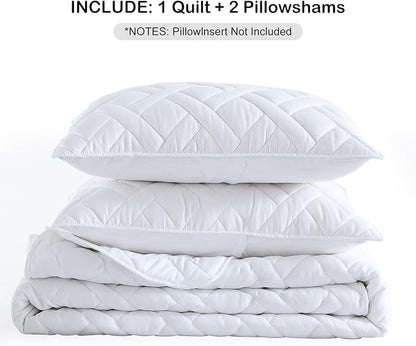 HORIMOTE HOME Quilt Set King Size White, Classic Geometric Diamond Stitched Pattern, Ultra Soft Microfiber Lightweight Bedding Set Bedspread Coverlet for All Season (1 Quilt and 2 Pillow Shams)