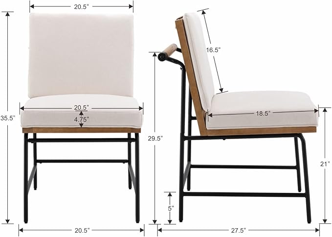Modern Dining Chairs Set of 4, Comfy Linen Fabric Armless Side Chairs with Backrest Wooden Upholstered Seat Black Metal Legs for Dining Room Living Room, White