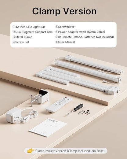 ONEMIX 42" LED Desk Lamp with Clamp, Architect Desk Light with Remote, Adjustable 4-Segment Bar, 1800LM Bright, Eye-Caring Desk Lamp for Home Office, Reading, Study, Dual Monitors, Workbench (White)