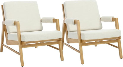 HEAH-YO Modern Accent Chair Set of 2, Upholstered Linen Fabric Living Room Chair with Wooden Frame, Comfy Armchair with Thick Cushion for Bedroom Balcony, Beige