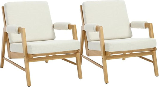 HEAH-YO Modern Accent Chair Set of 2, Upholstered Linen Fabric Living Room Chair with Wooden Frame, Comfy Armchair with Thick Cushion for Bedroom Balcony, Beige