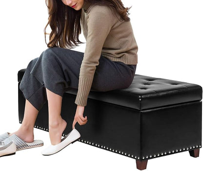 Joveco 47 Inch Storage Ottoman Bench,Tufted Leather Storage Bench with Nailhead Trim for Bedroom (47”,Black)