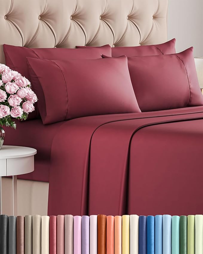 Queen 6 Piece Sheet Set - Cooling, Comfy & Breathable - Hotel Luxury Bedding, Includes Fitted Sheet for Women, Men, Kids & Teens - 1 Flat, 1 Fitted Sheet, 4 Pillowcases with Deep Pockets - Burgundy